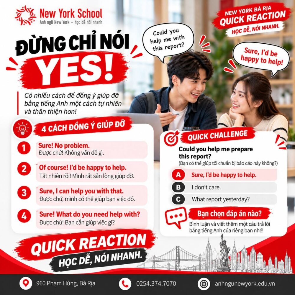 Infographic bốn cách nhận lời giúp đỡ bằng tiếng Anh và bài tập tình huống chuẩn bị báo cáo.