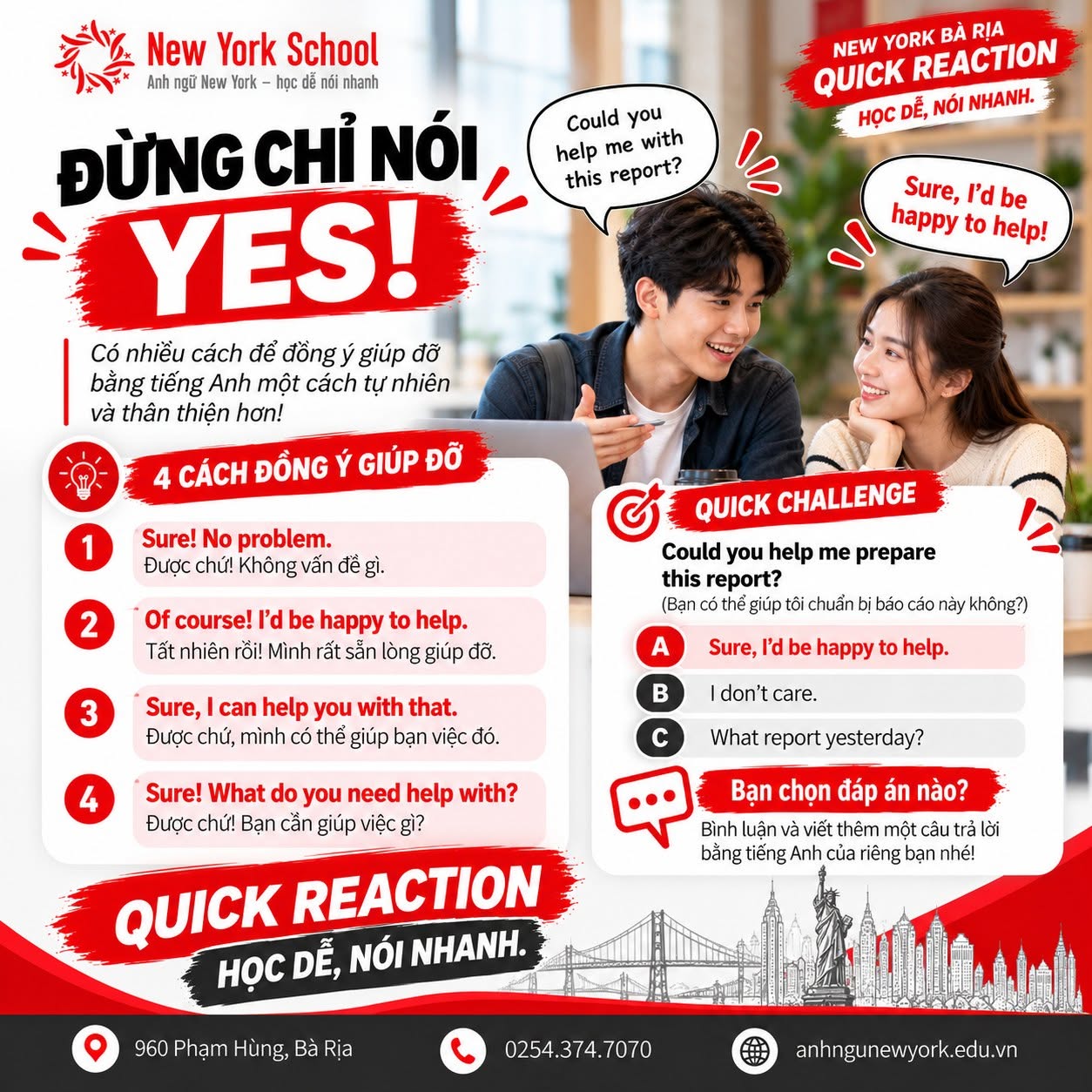 Infographic bốn cách nhận lời giúp đỡ bằng tiếng Anh và bài tập tình huống chuẩn bị báo cáo.