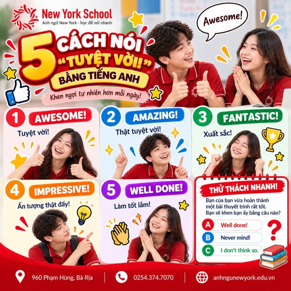 Infographic năm cách khen bằng tiếng Anh: awesome, amazing, fantastic, impressive và well done.