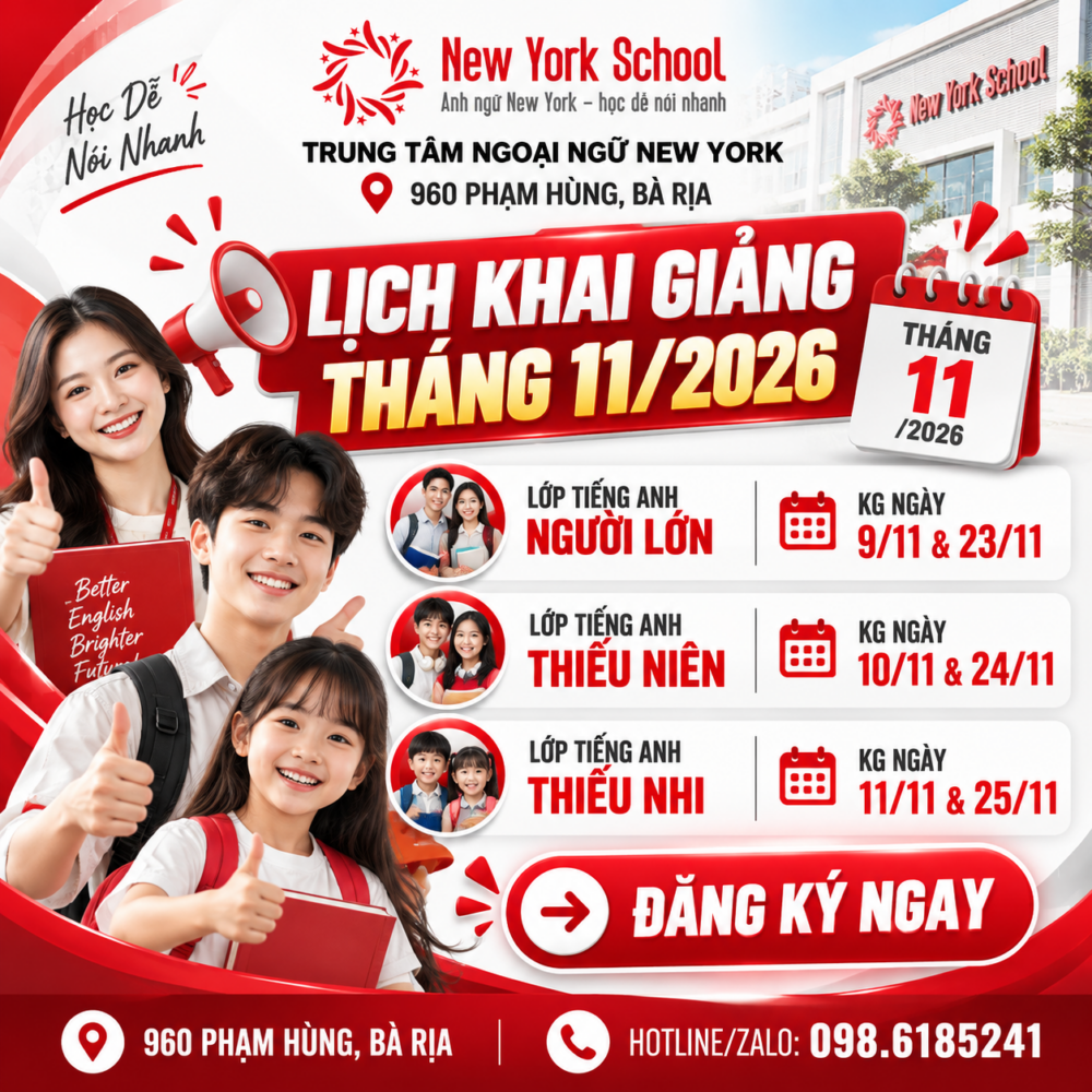 Poster lịch khai giảng tiếng Anh tháng 11/2026 tại Trung tâm Ngoại ngữ New York, 960 Phạm Hùng, Bà Rịa