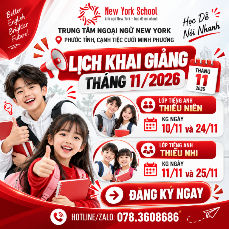 Poster lịch khai giảng tiếng Anh thiếu nhi và thiếu niên tháng 11/2026 tại New York School Phước Tỉnh