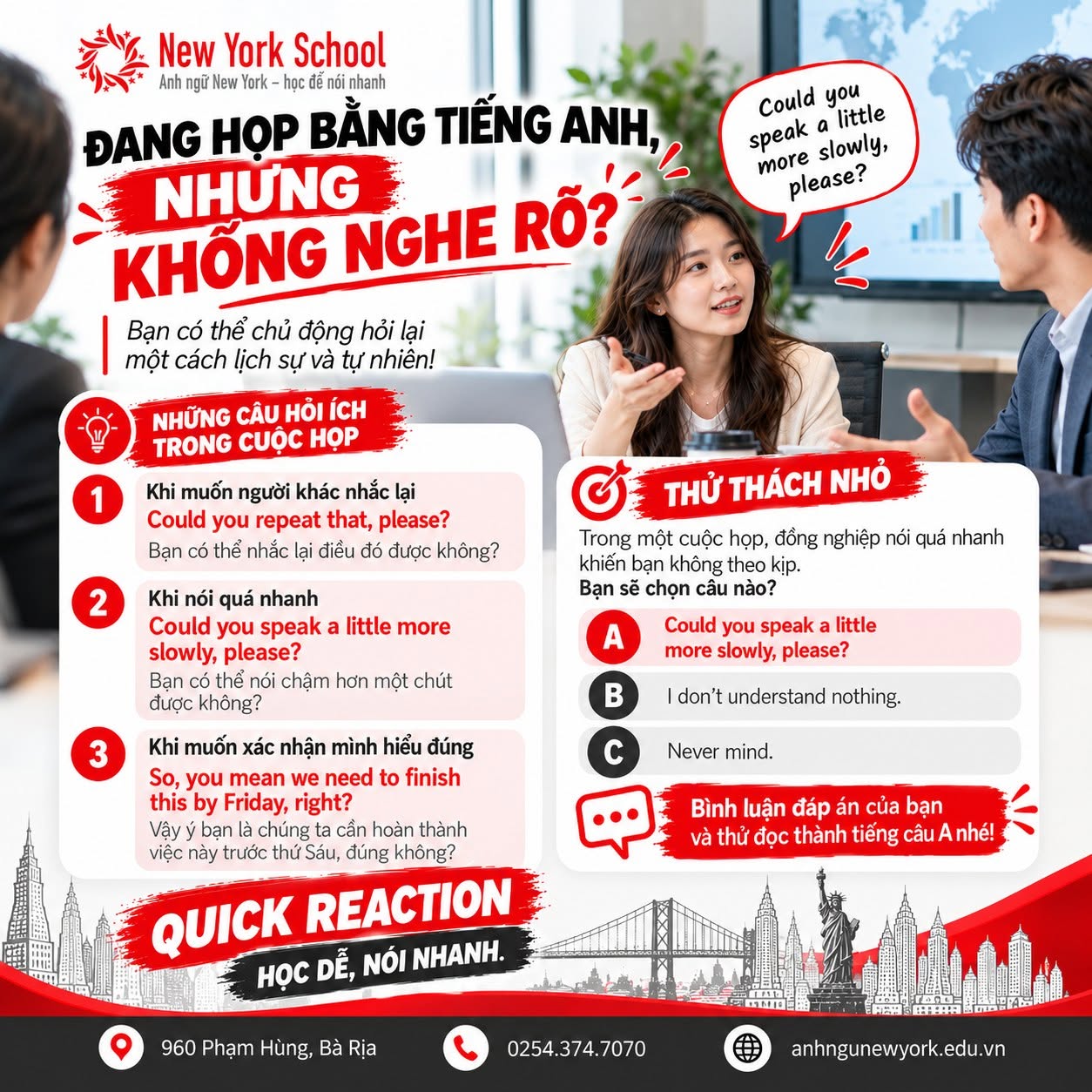 Infographic ba mẫu câu tiếng Anh để nhờ nhắc lại, nói chậm hơn và xác nhận thông tin trong cuộc họp.