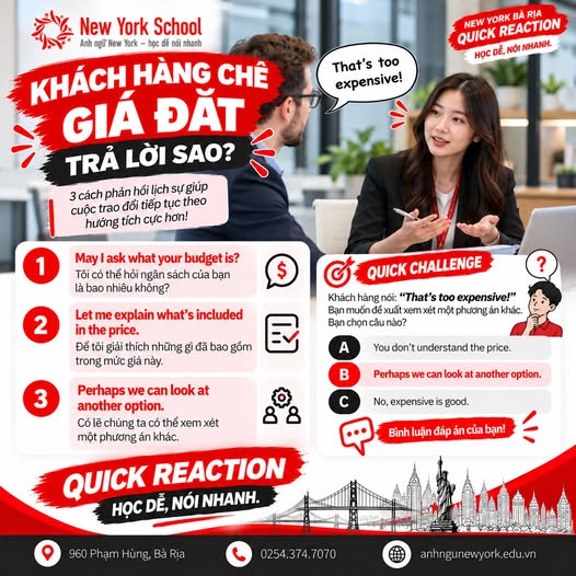 Infographic ba mẫu câu tiếng Anh hỏi ngân sách, giải thích mức giá và đề xuất phương án khác khi khách hàng chê giá đắt.