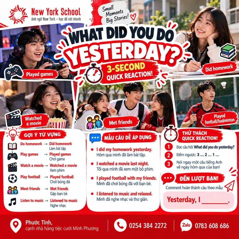 Bảng động từ quá khứ và mẫu câu What did you do yesterday của New York School Phước Tỉnh