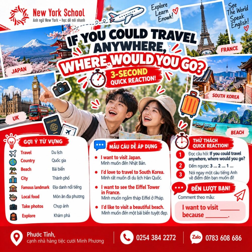 Từ vựng và mẫu câu trả lời If you could travel anywhere, where would you go của New York School Phước Tỉnh